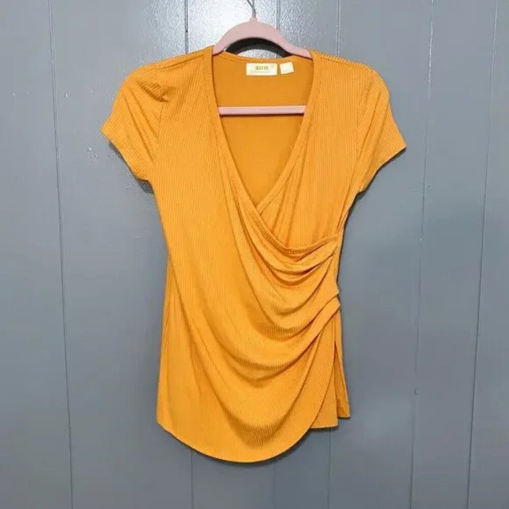 Anthropologie Maeve Yellow Knit Ribbed V-neck Short Sleeve Faux Wrap Top S